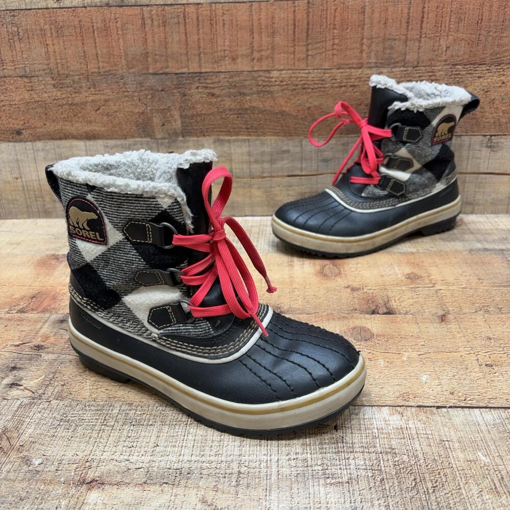 Sorel Snow Boots Womens Size 6 37 Black Plaid Mid Calf Faux Fur Waterproof